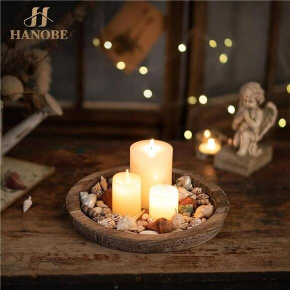 Round Wooden Candle Tray Rustic Farmhouse Decor Tealight Holder Table Centerpiec - Picture 2 of 7